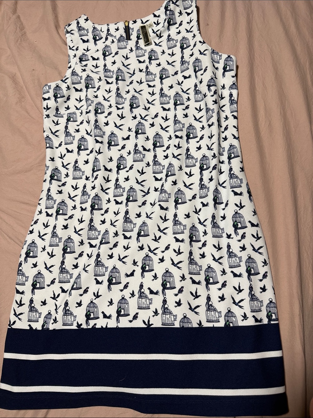 Julian Taylor White Shift Dress with Navy Birdcage Print